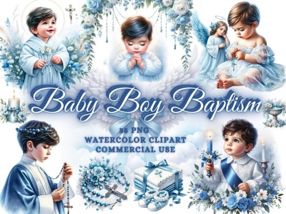 Boy Baptism Clipart Christian Png Bundle and Illustrations