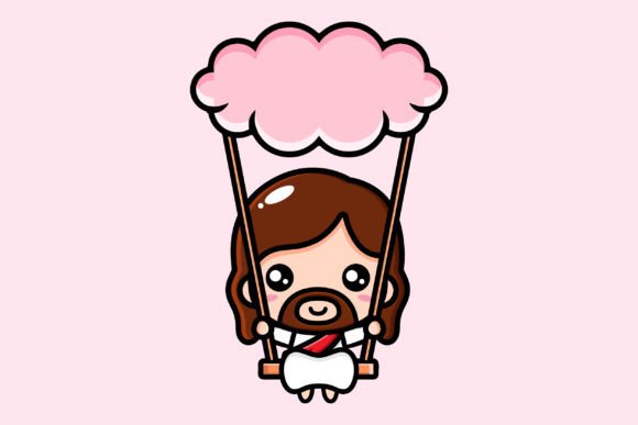 Cute Jesus Playing on a Swing in the Sky Illustrations