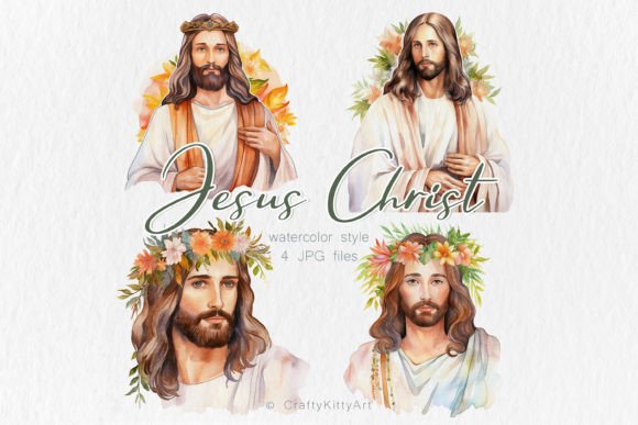 Jesus Christ Floral JPG Watercolor Art Illustrations