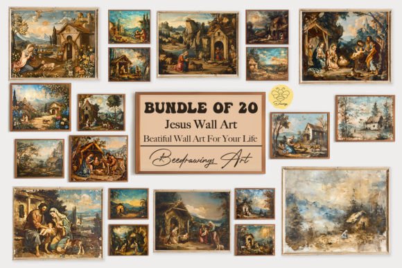 Oil Painting Jesus Wall Art Bundle and Illustrations