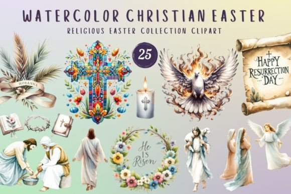 Watercolor Christian Easter Clipart PNG and Illustrations