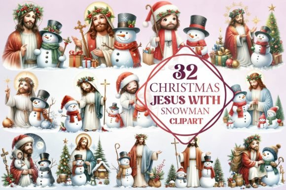 Watercolor Christmas Jesus with Snowman